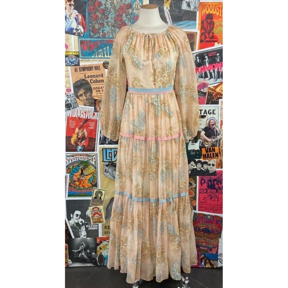 Vtg 70s Floral Prairie Tiered Maxi Dress Sheer Boho Hippie Cottagecore 11 XS/S
